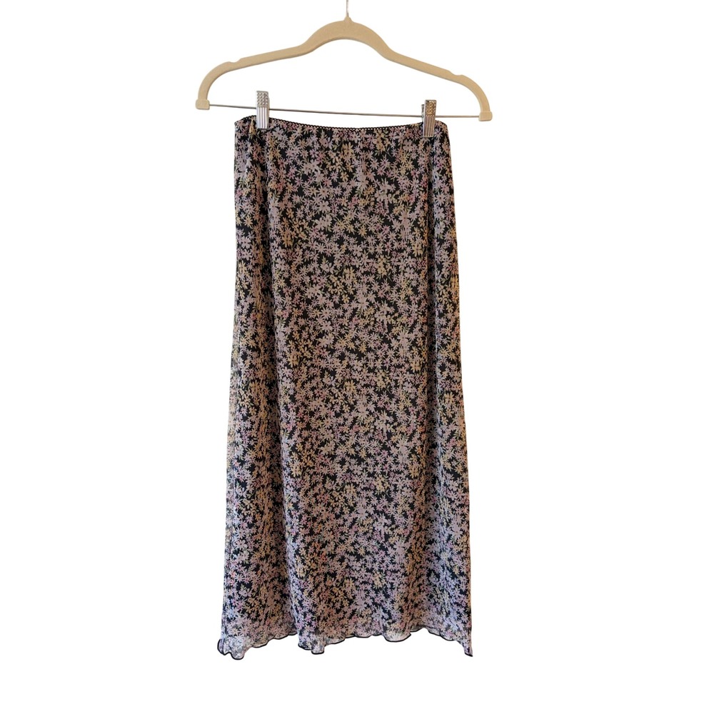 American Eagle Floral Mesh Midi Skirt Black Purple Ditsy Lace Trim Small